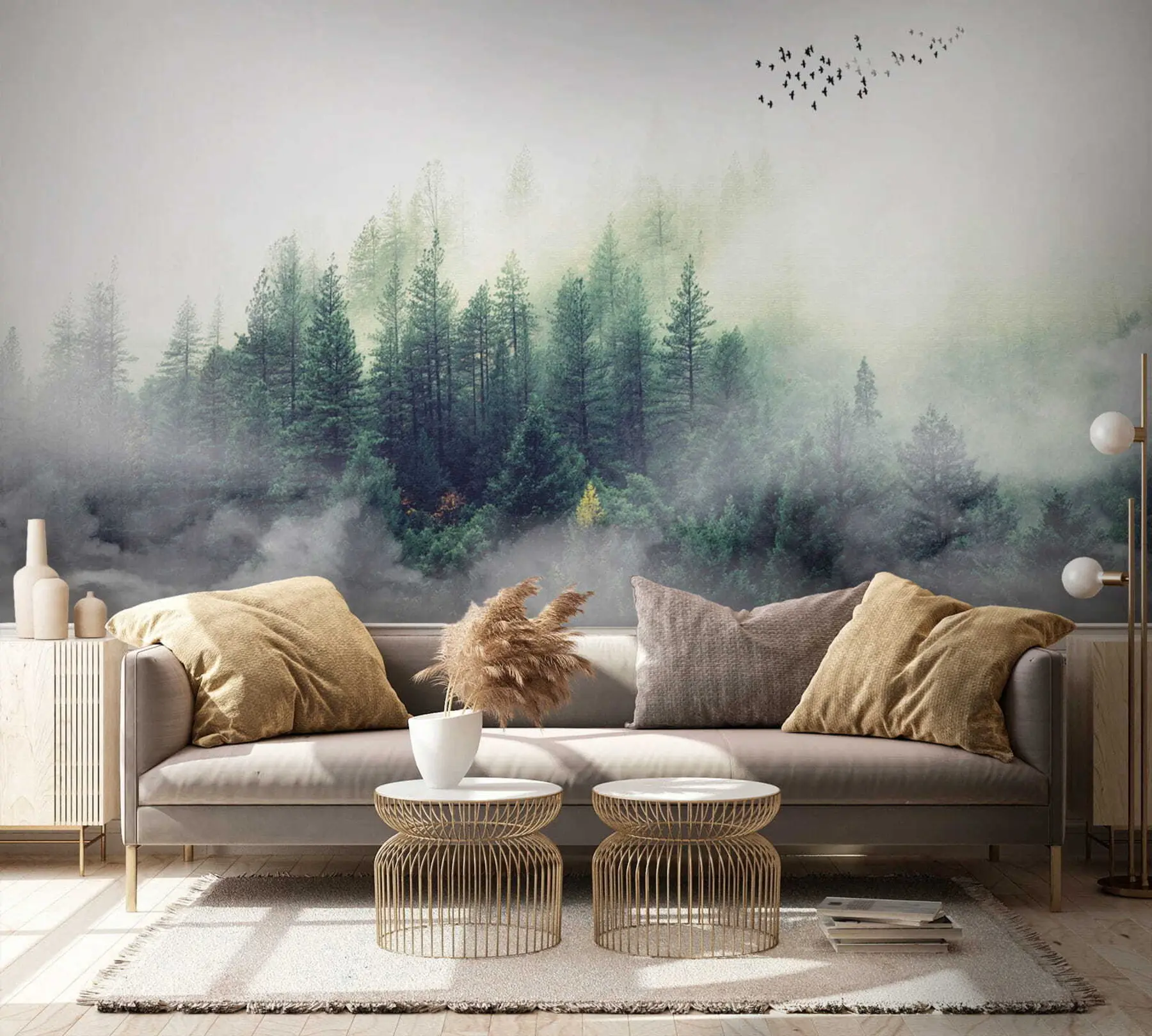 murales de pared Bosque y pájaros en la niebla u10882