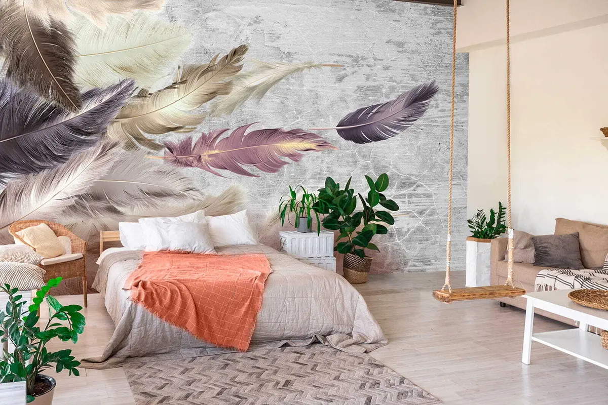 murales de pared Plumas de colores en un muro de hormigón u21165