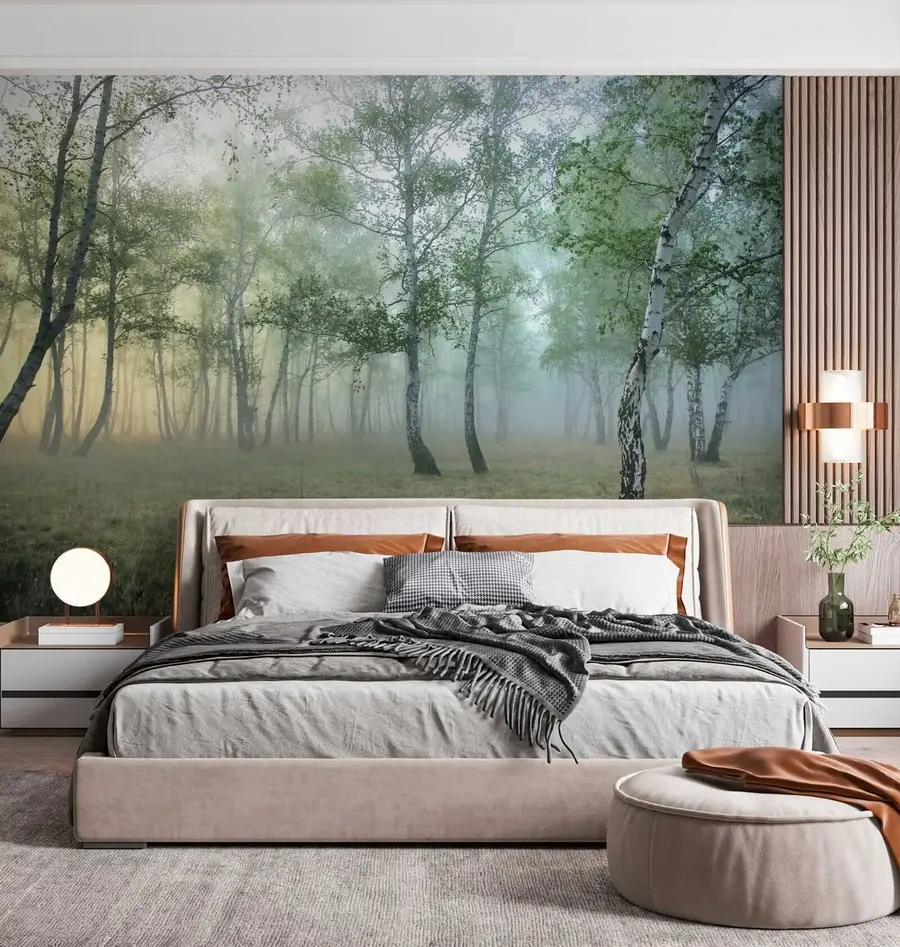 murales de pared Bosque de abedules de niebla u25820