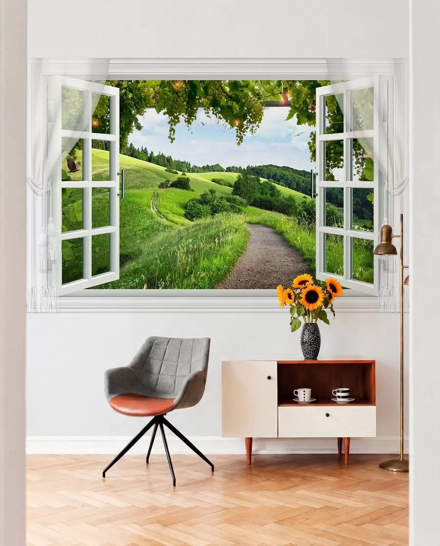 murales de pared Ventana a las colinas verdes u28196