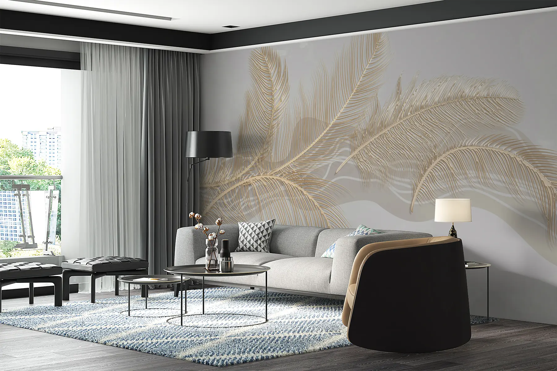 murales de pared Grandes plumas frágiles sobre fondo gris u40388