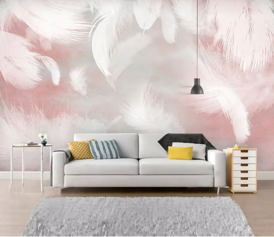 murales de pared Plumas blancas sobre fondo rosa u41755