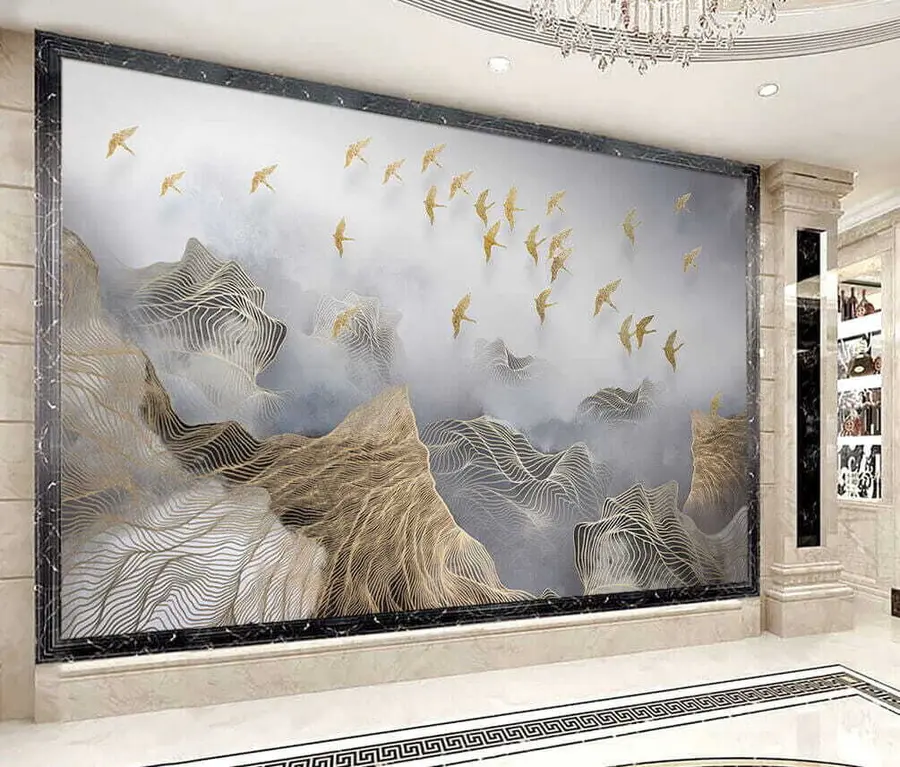 murales de pared Un maravilloso paisaje con montañas y pájaros se dibuja a partir de finas líneas u44870