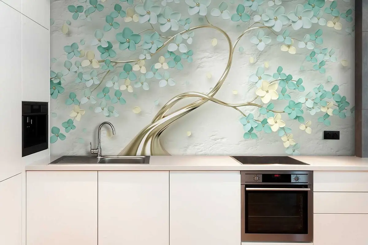 murales de pared Árbol dorado con flores azules u52550