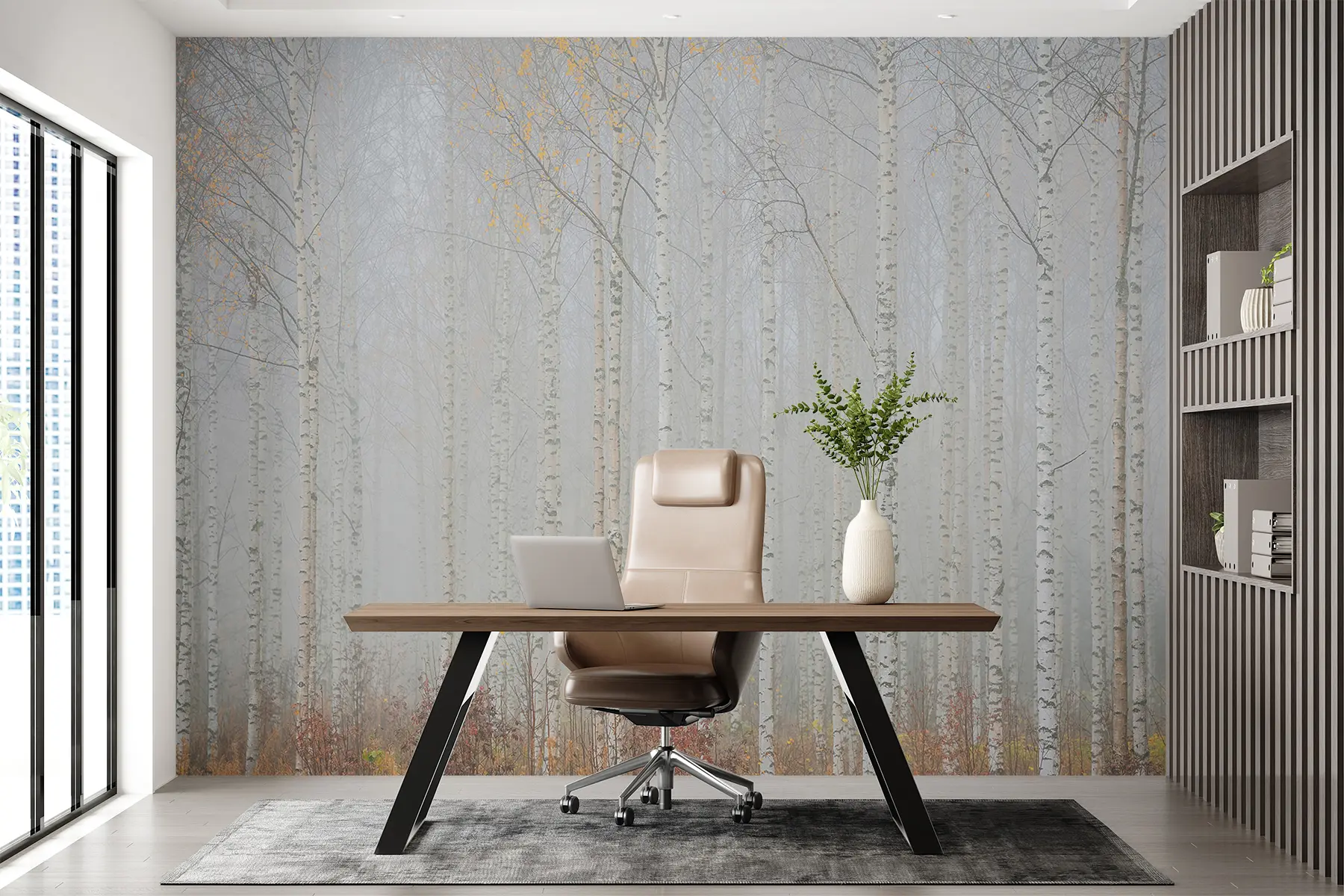 murales de pared Bosque de abedules en la niebla u58963
