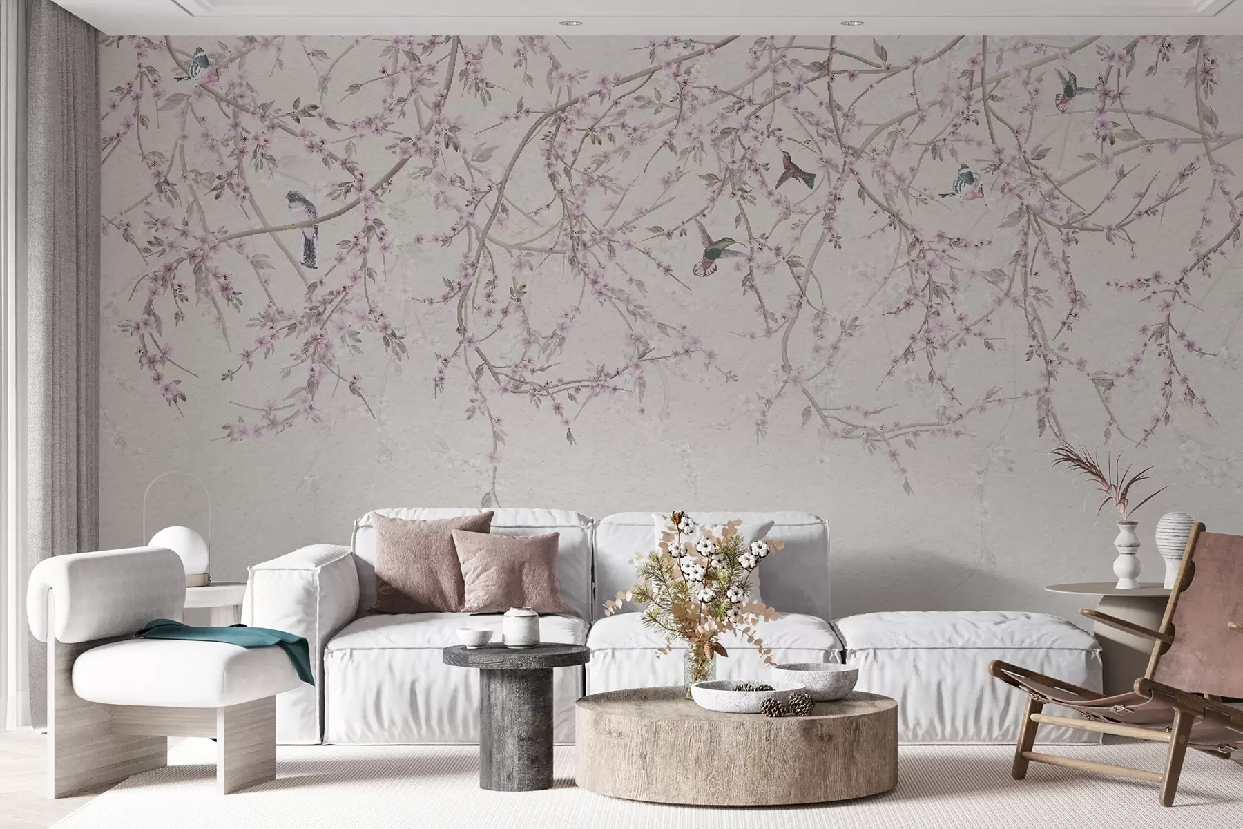 murales de pared Ramas florales y pájaros en colores lechosos u58941v2