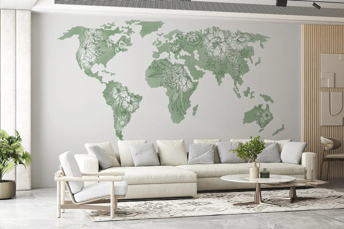 murales de pared Mapamundi floral, ornamental, peonías, lirio, color verde, dibujo lineal arte u99734v3
