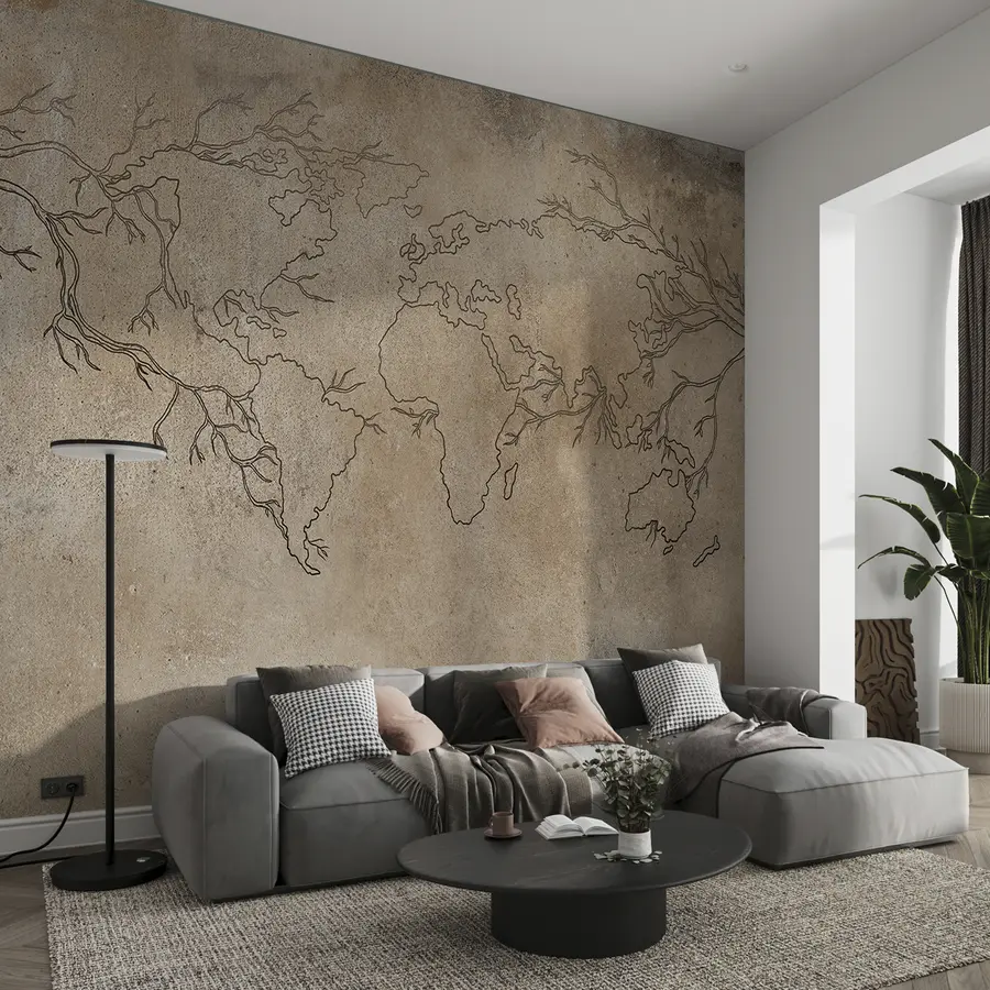 murales de pared Mapa del mundo, ramas de árboles, dibujo lineal, minimalismo, fondo de naturaleza, beige u99736