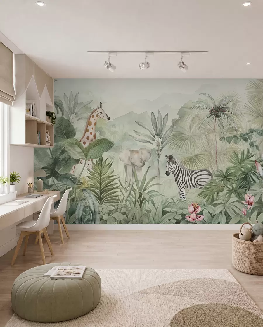 murales de pared Selva, palmeras, jirafa, elefante, cebra, acuarela, vegetación, platanero, flores w00089