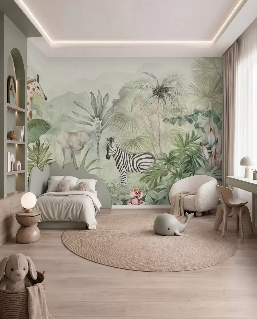 murales de pared Selva, palmeras, jirafa, elefante, cebra, acuarela, vegetación, platanero, flores w00089