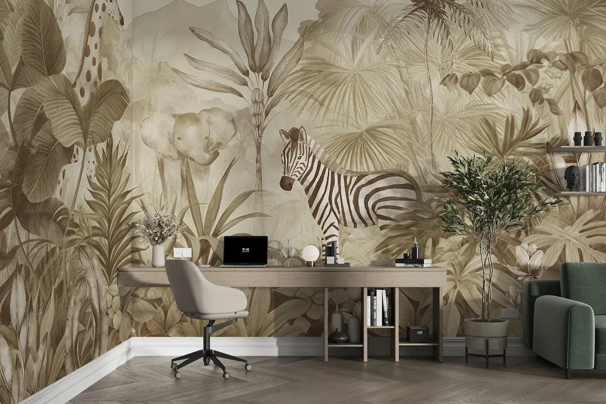 murales de pared Selva, palmeras, jirafa, elefante, cebra, acuarela, color beige, platanero, flores w00089v1