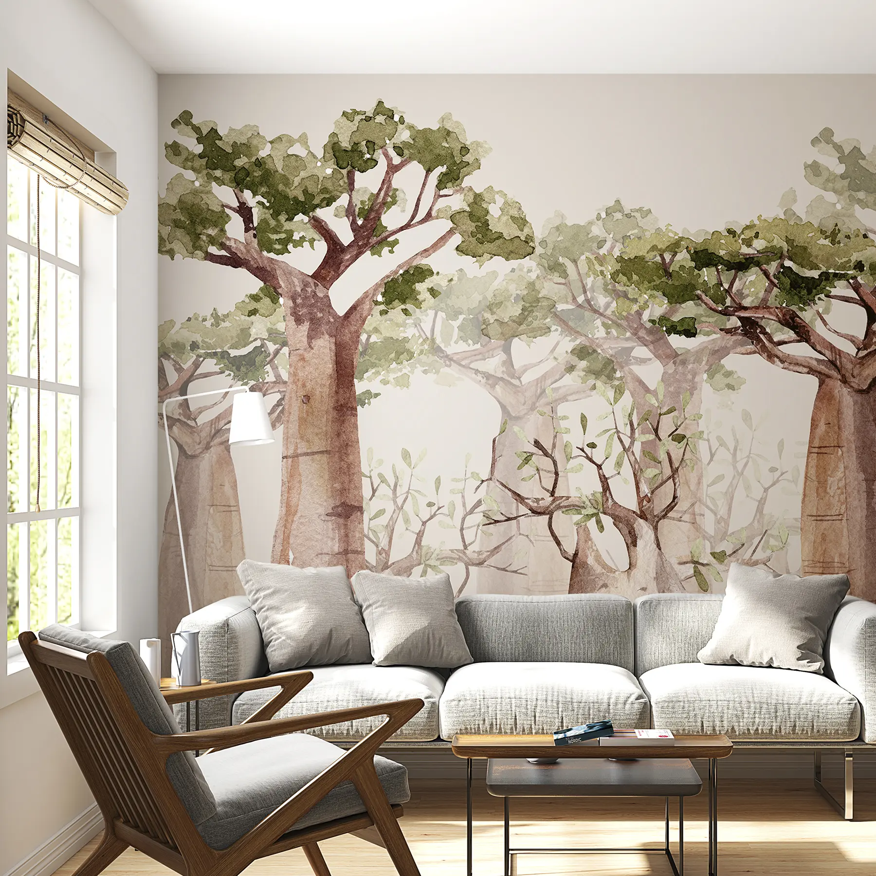 murales de pared Árbol baobab, tema safari, bosque, colores beige y verde w00082