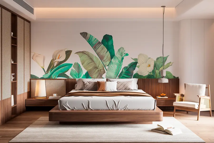 murales de pared Follaje tropical de moda con flores en color w00186v1