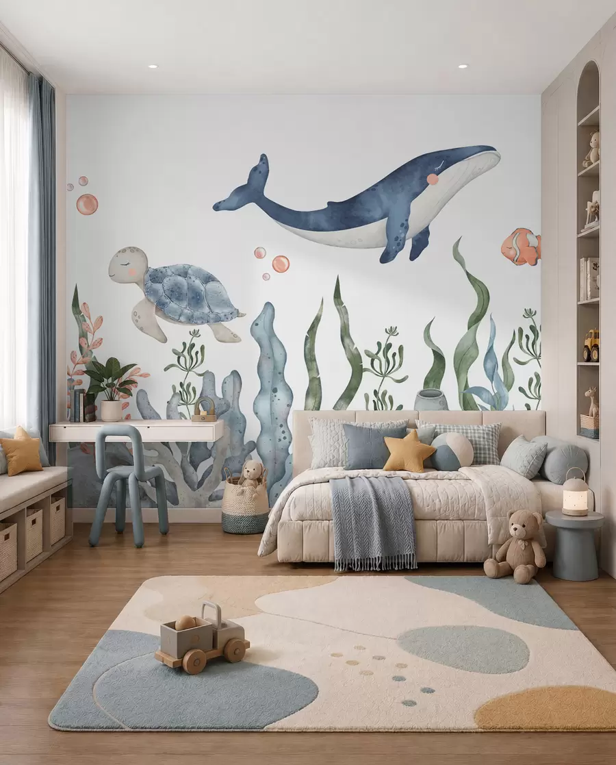 murales de pared Mundo submarino con ballenas, pulpos y tortugas w00383
