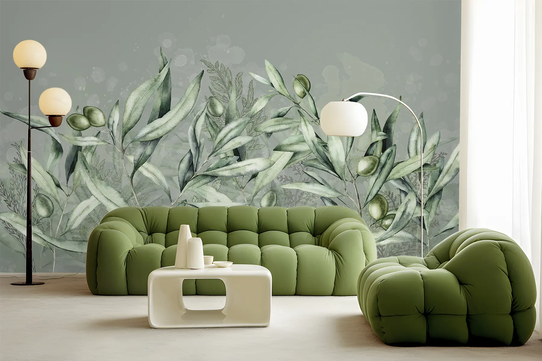 murales de pared Ilustración de aceitunas, diseño floral, tropical, acuarela, hojas grandes, colores verdes w00407