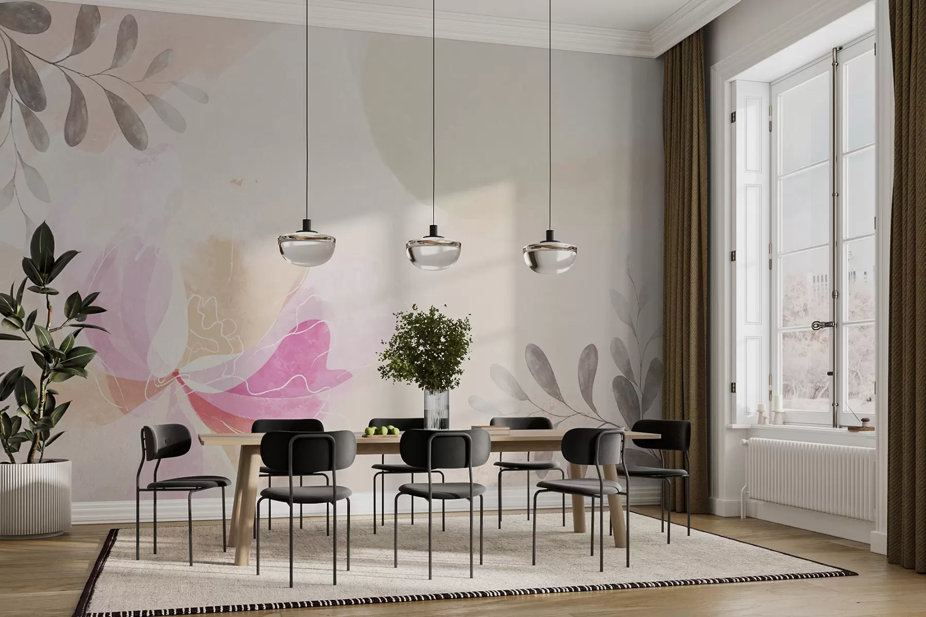 murales de pared flor grande, pastel, acuarela, color beige w00396