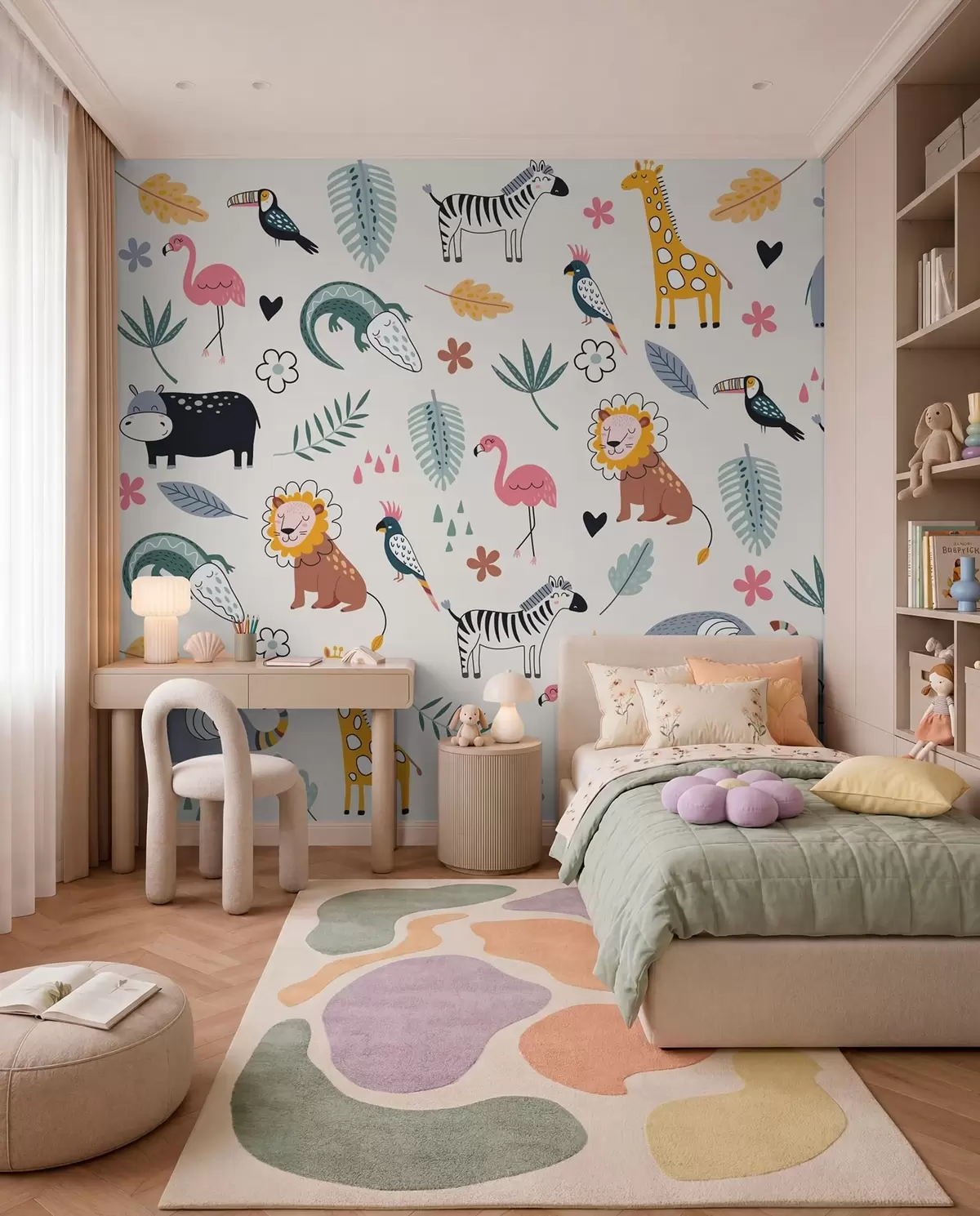murales de pared animales, leones, jirafas, elefantes, hojas, cuarto del bebé w00555