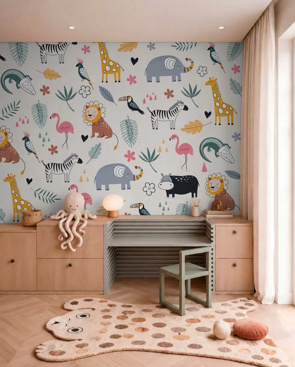 murales de pared animales, leones, jirafas, elefantes, hojas, cuarto del bebé w00555