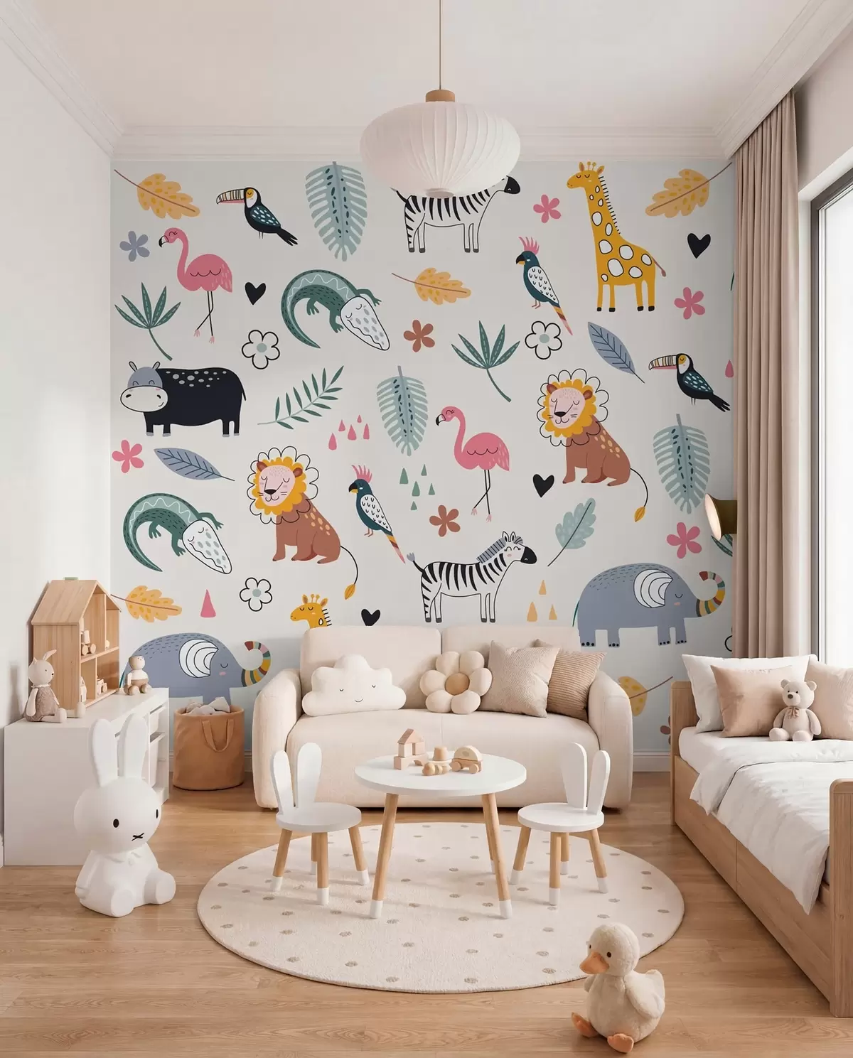 murales de pared animales, leones, jirafas, elefantes, hojas, cuarto del bebé w00555
