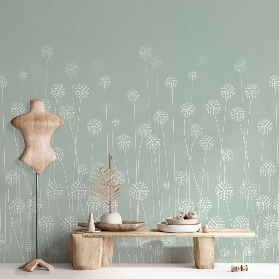 murales de pared Campo de diente de león de color verde w00613v3