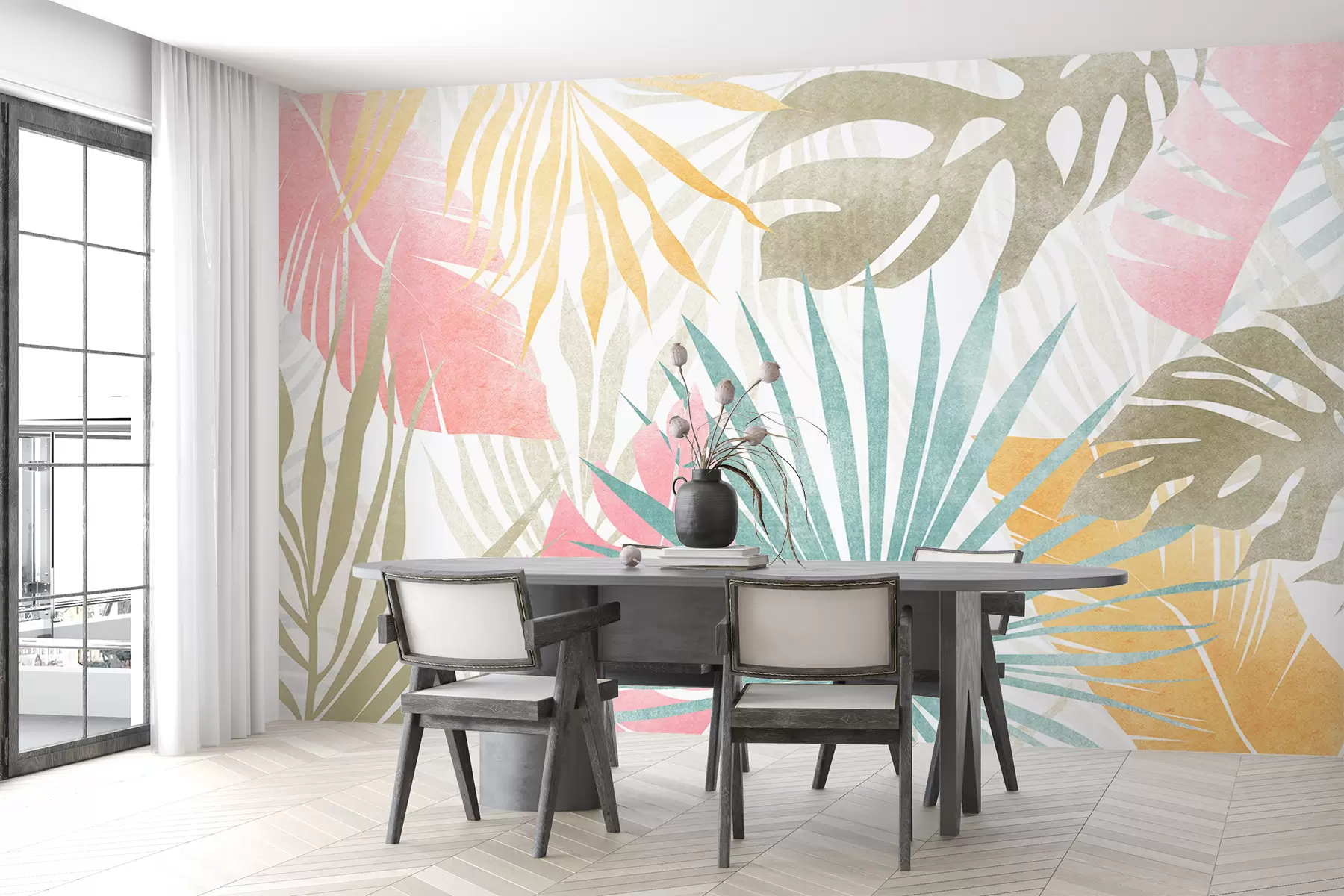 murales de pared Hojas de palma, monstera, follaje tropical, textura azul, rosa, amarillo, color gris w00675