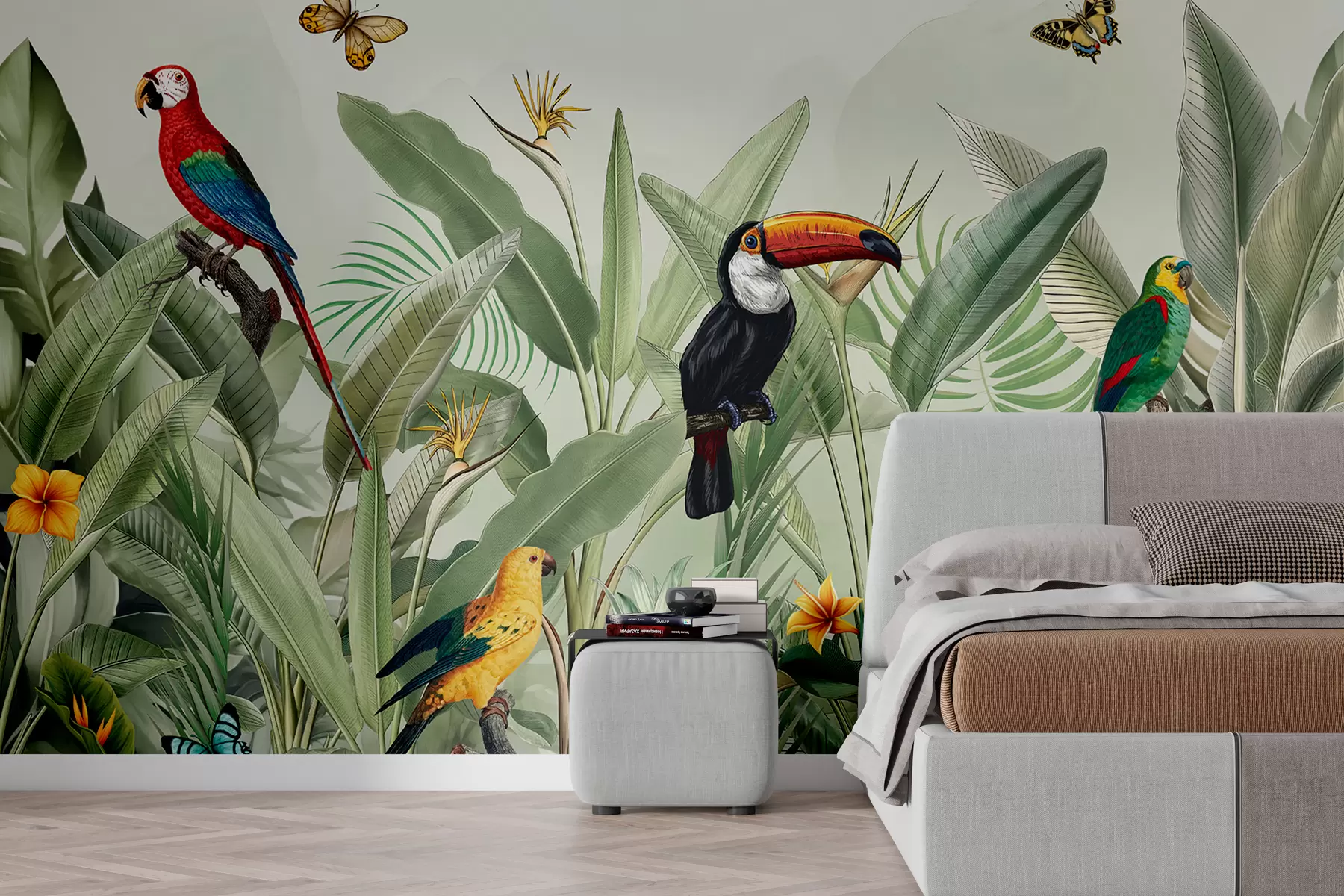 murales de pared Loros bajo copas verdes w00635