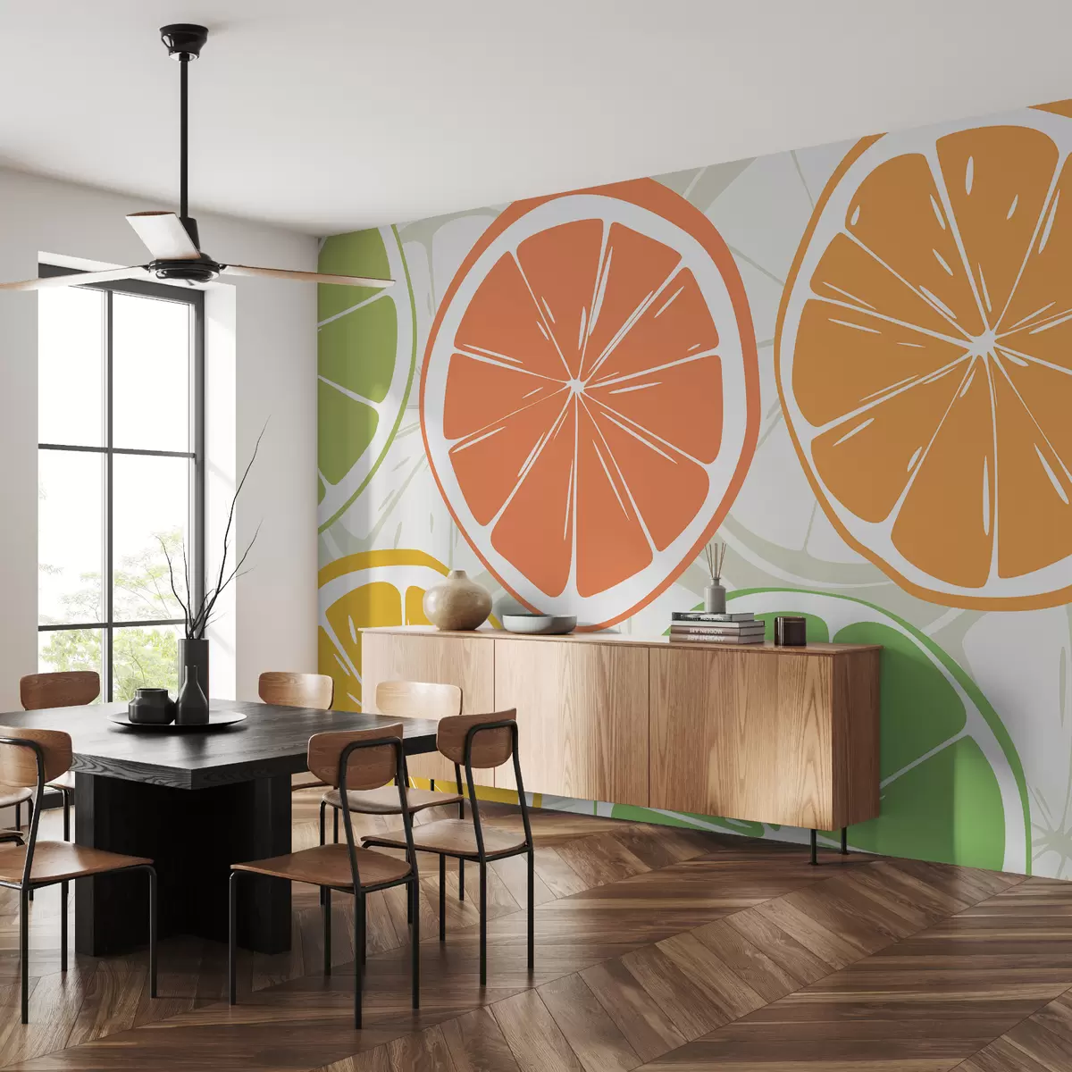 murales de pared Cítricos, naranja, lima, rodajas de pomelo, mancha, abstracción, fruta, rojo, naranja, verde w00725