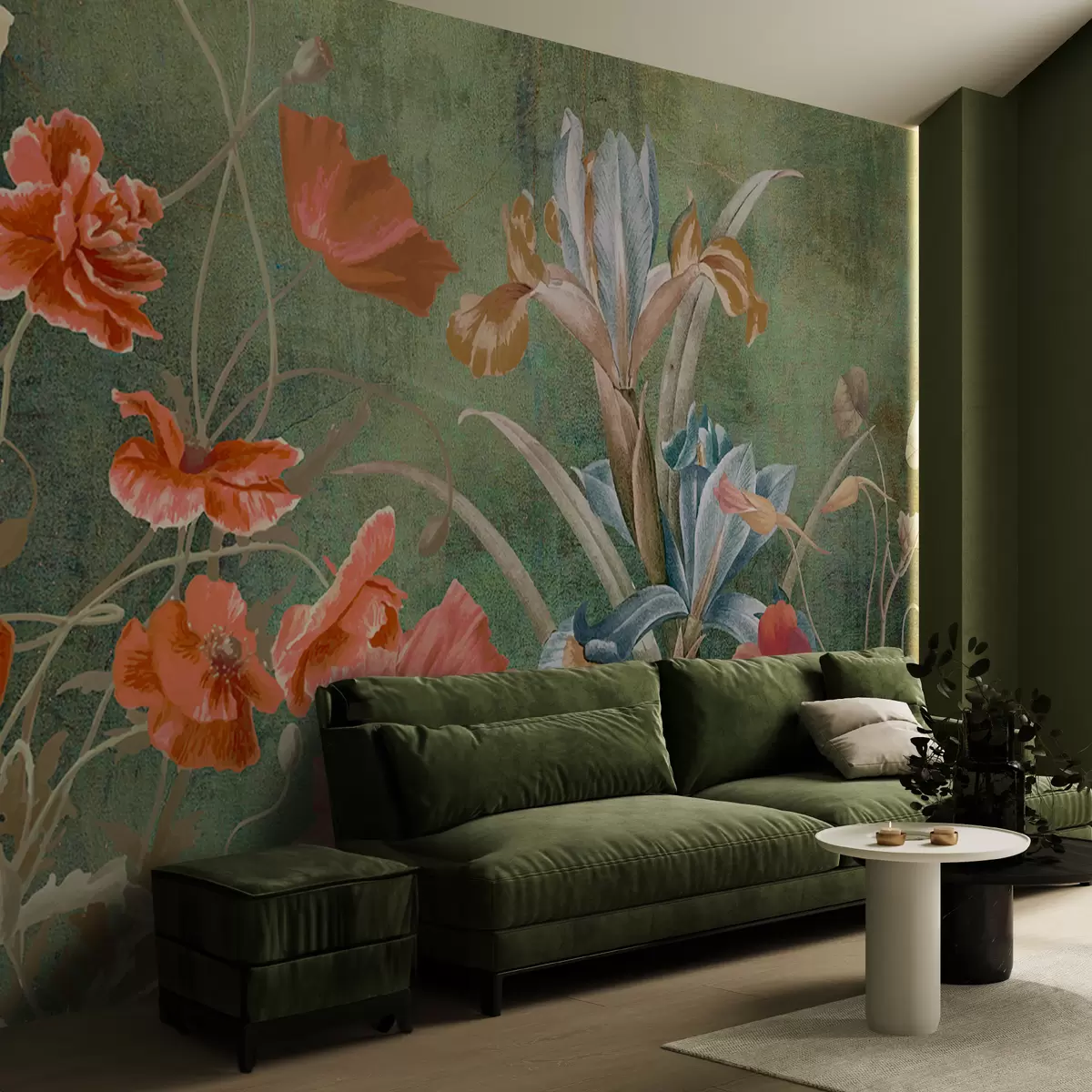 murales de pared Una pintura floral vibrante que presenta una variedad de flores coloridas sobre un fondo verde suave. w00698