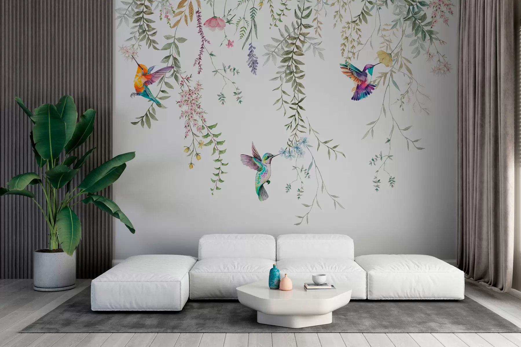 murales de pared Flores y hojas colgantes y hermosos colibríes w00660