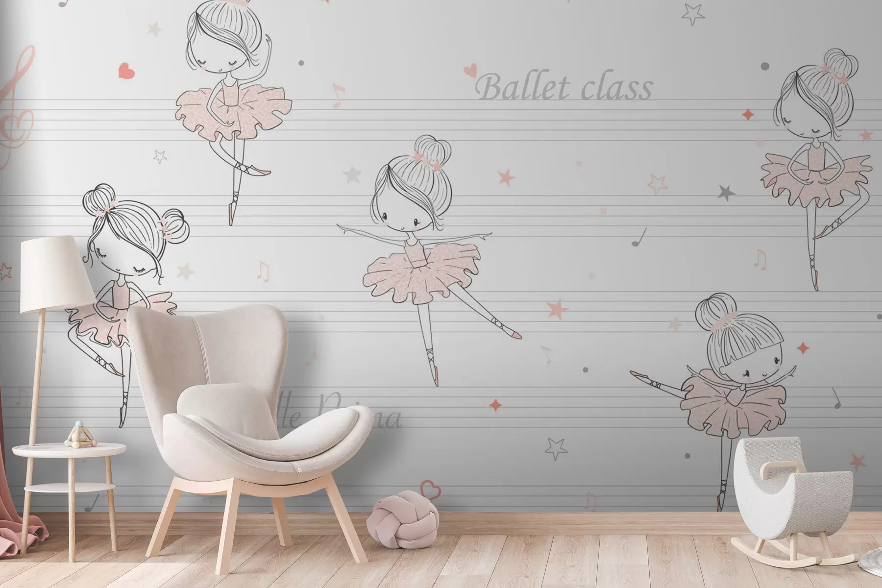 murales de pared Bailarinas con vestidos color melocotón al estilo escandinavo para la habitación de los niños w00755v2