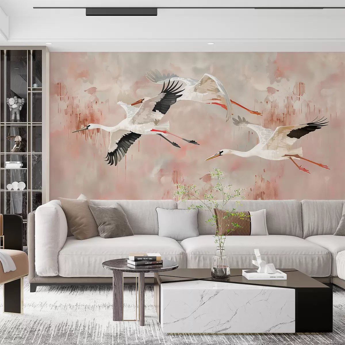 murales de pared Cigüeñas sobre un fondo rosa claro w00760