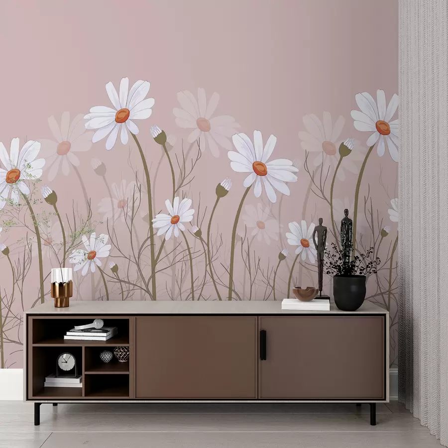 murales de pared margaritas grandes sobre un fondo rosa w00802v1