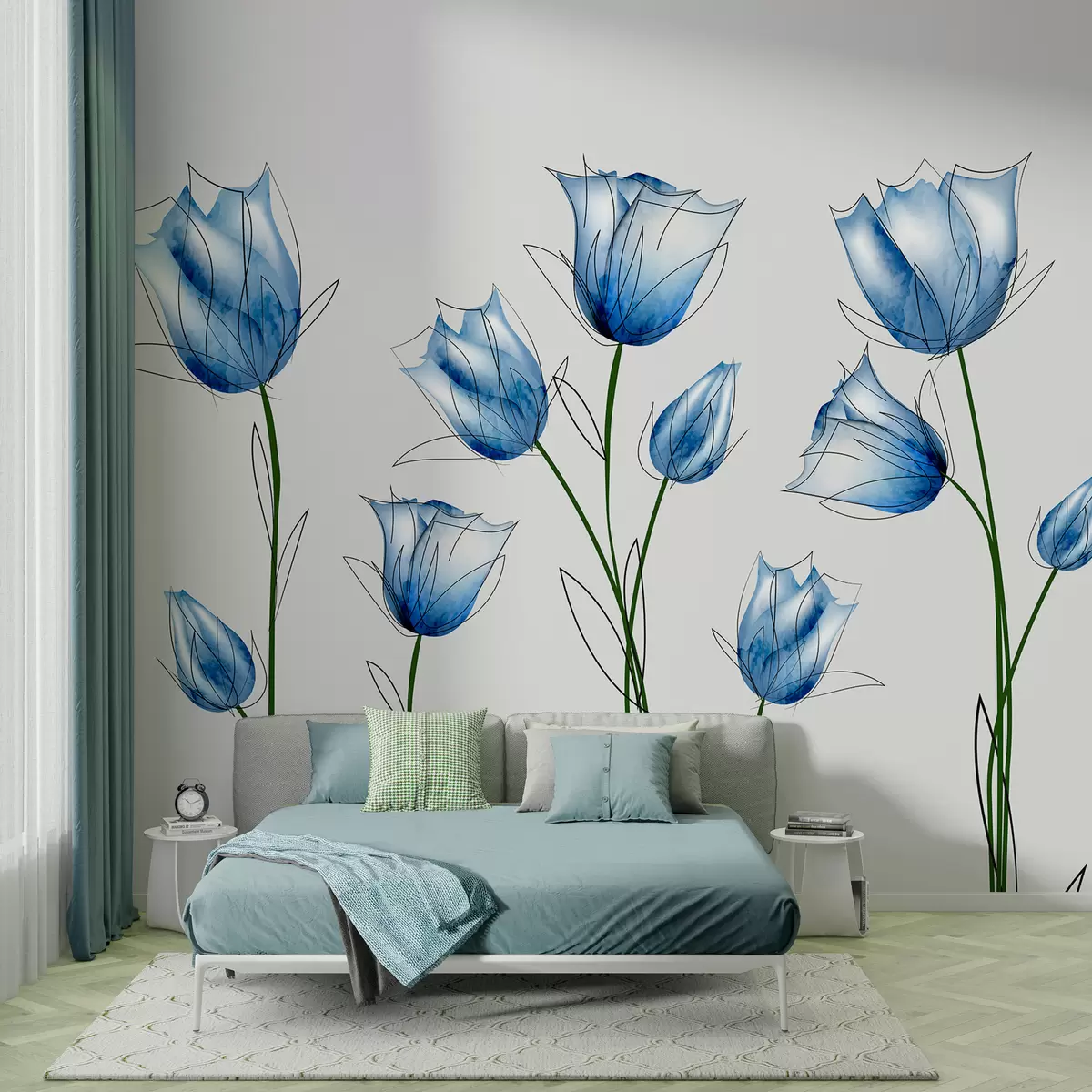 murales de pared Flores de acuarela azul w00745