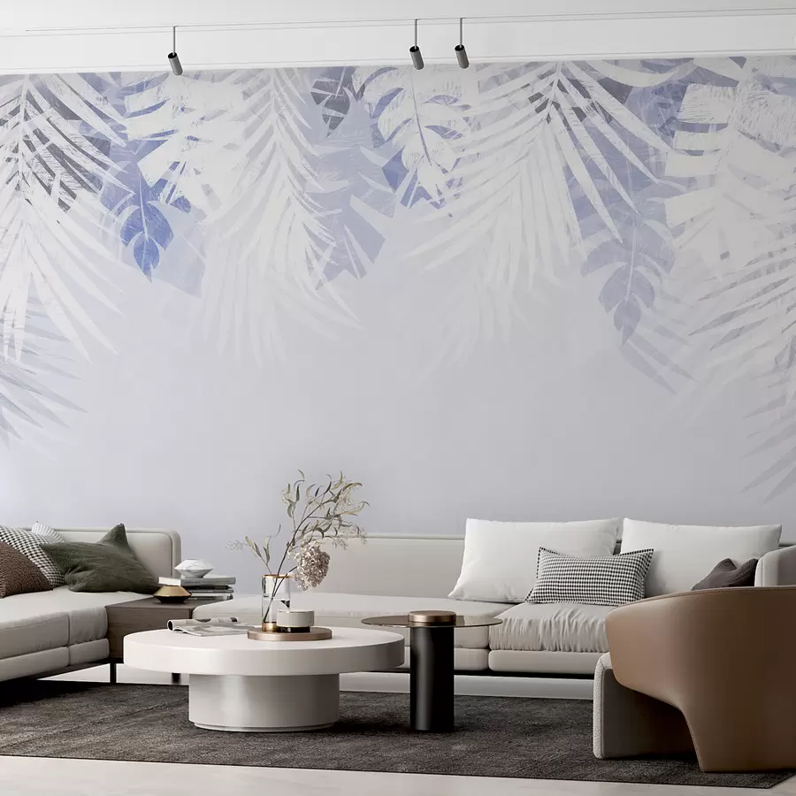 murales de pared Follaje tropical y ramitas, color blanco y azul. w00793v1