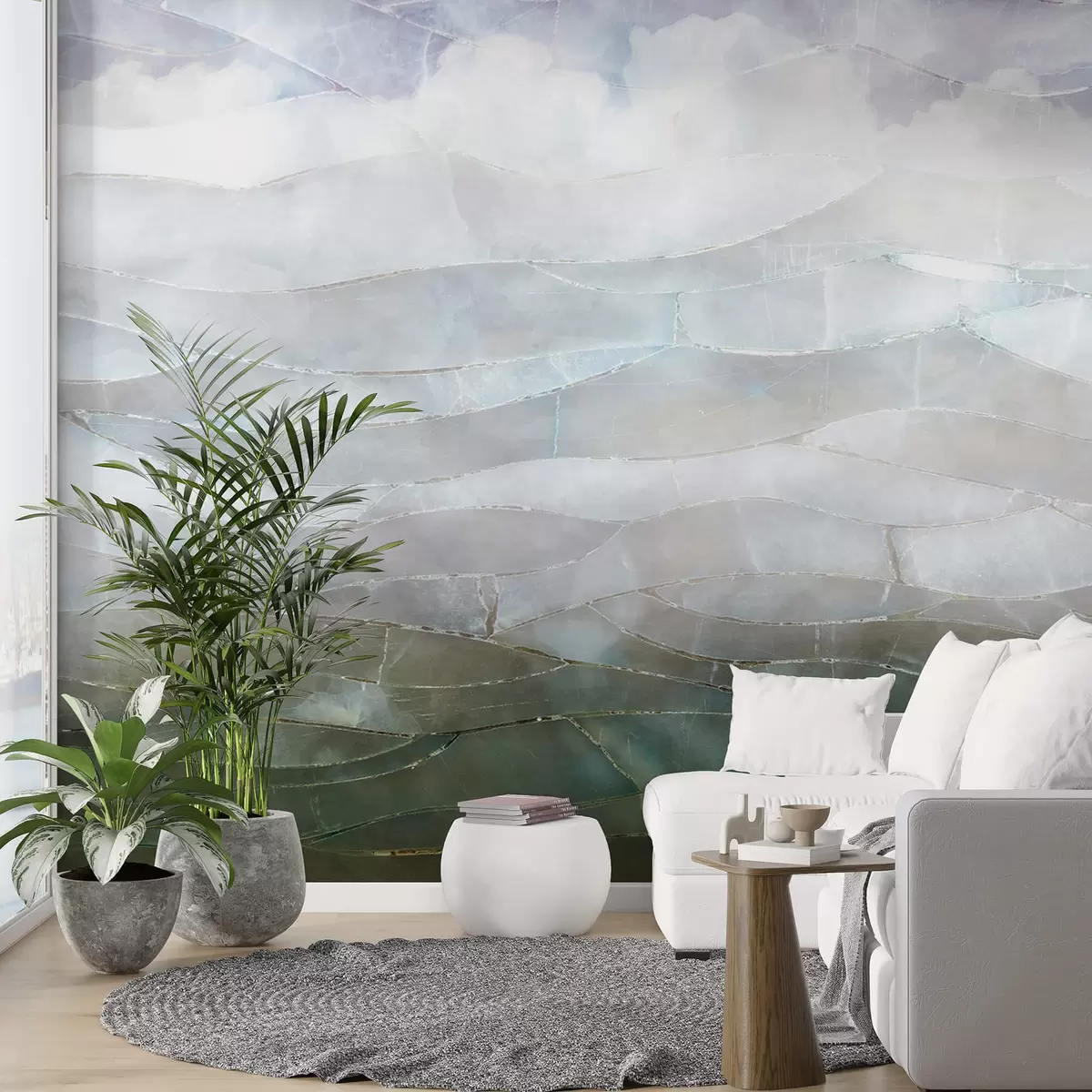 murales de pared Paisaje texturizado de gradiente abstracto, montañoso y brumoso con campos verdes ondulados a través de la niebla w00795