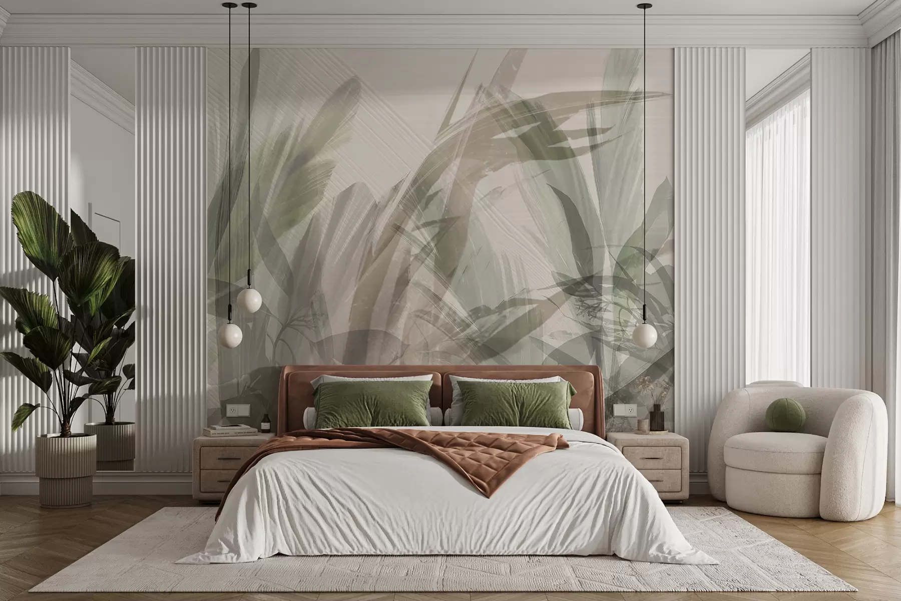 murales de pared Multicomposición abstracta de formas de hojas tropicales parecidas a hierba borrosa en tonos de verde claro y gris w00798