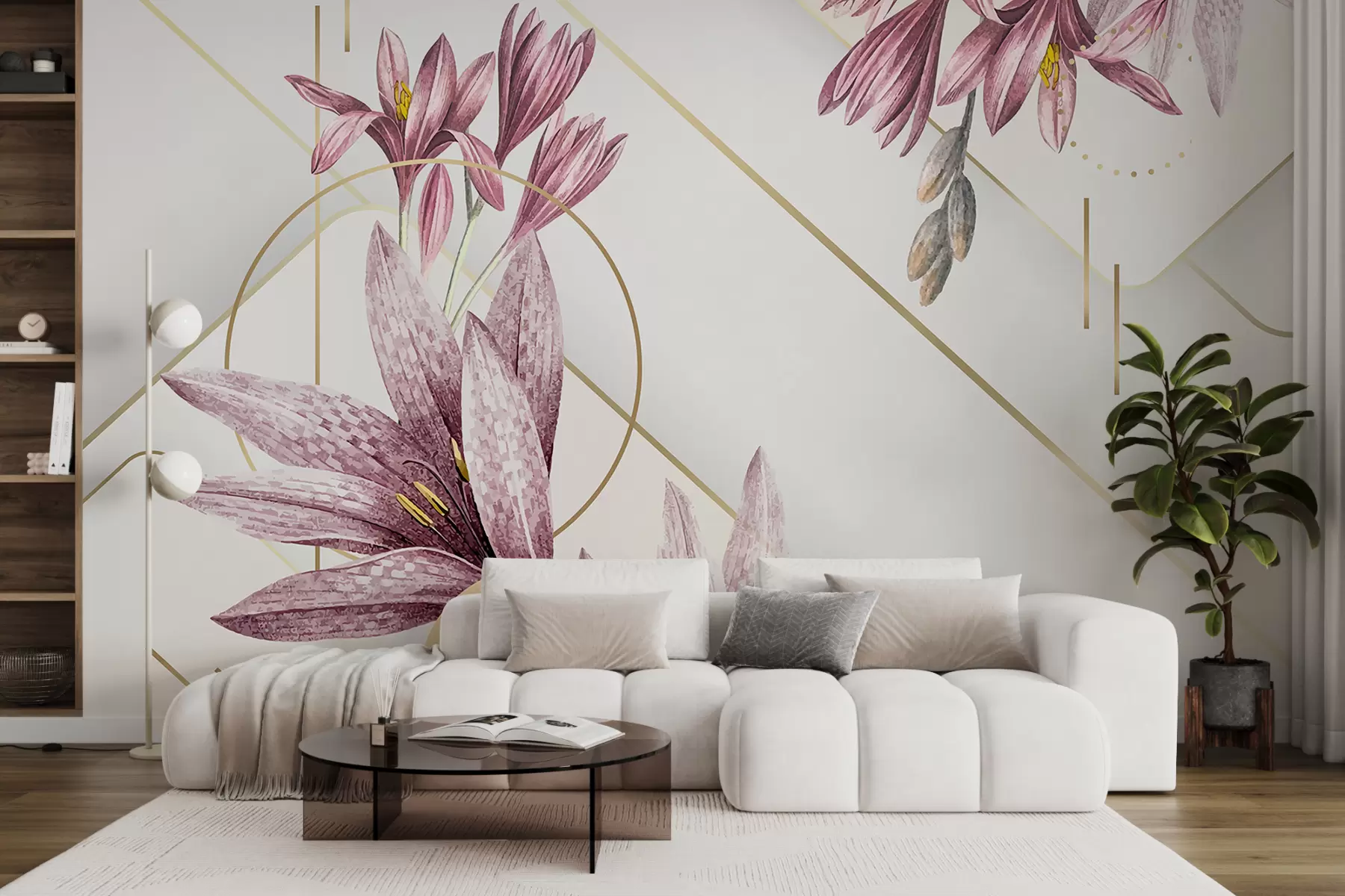 murales de pared Grandes y vibrantes flores moradas con delicados pétalos sobre un fondo geométrico claro w00800