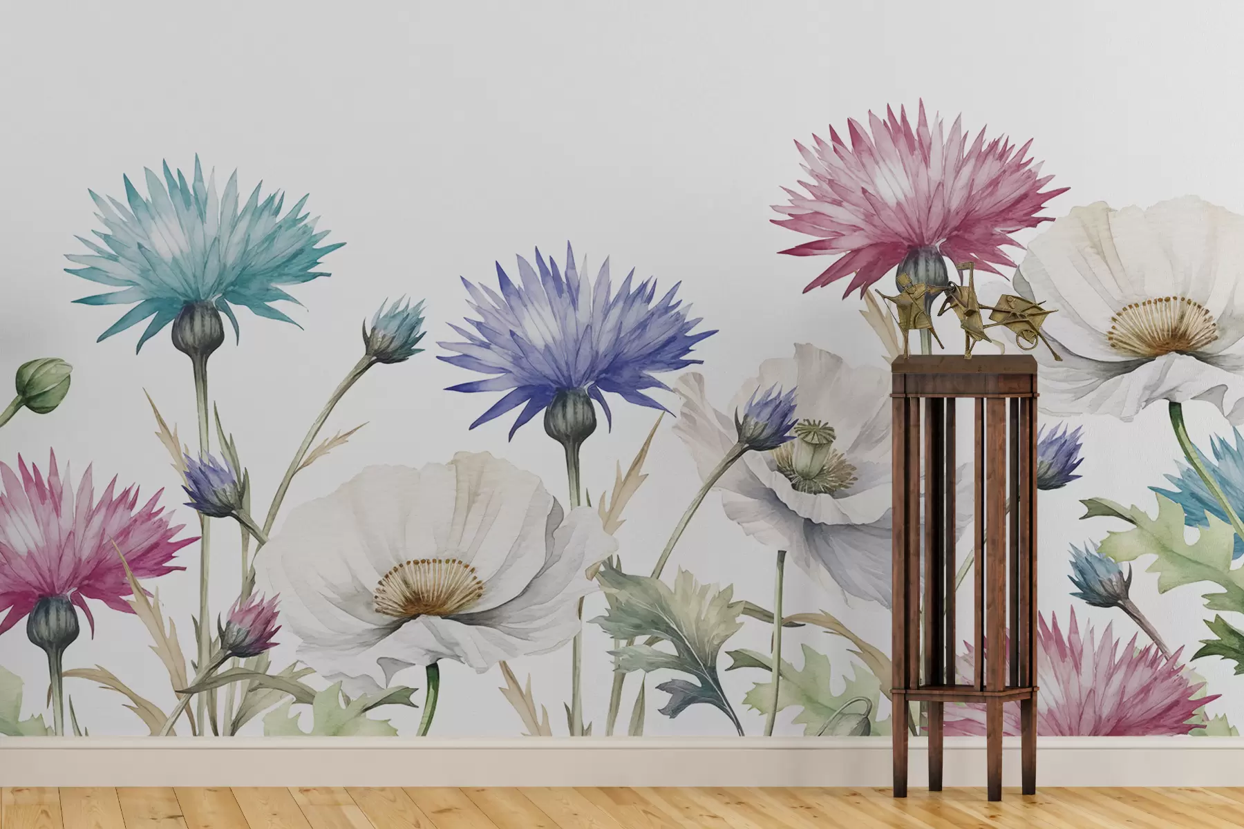 murales de pared Flores silvestres, amapolas blancas, acianos acuarela, azul, rosa, verde w00842