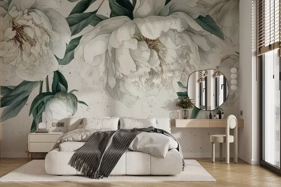 murales de pared Peonías grandes blancas con hojas verdes sobre un fondo de textura clara w00837