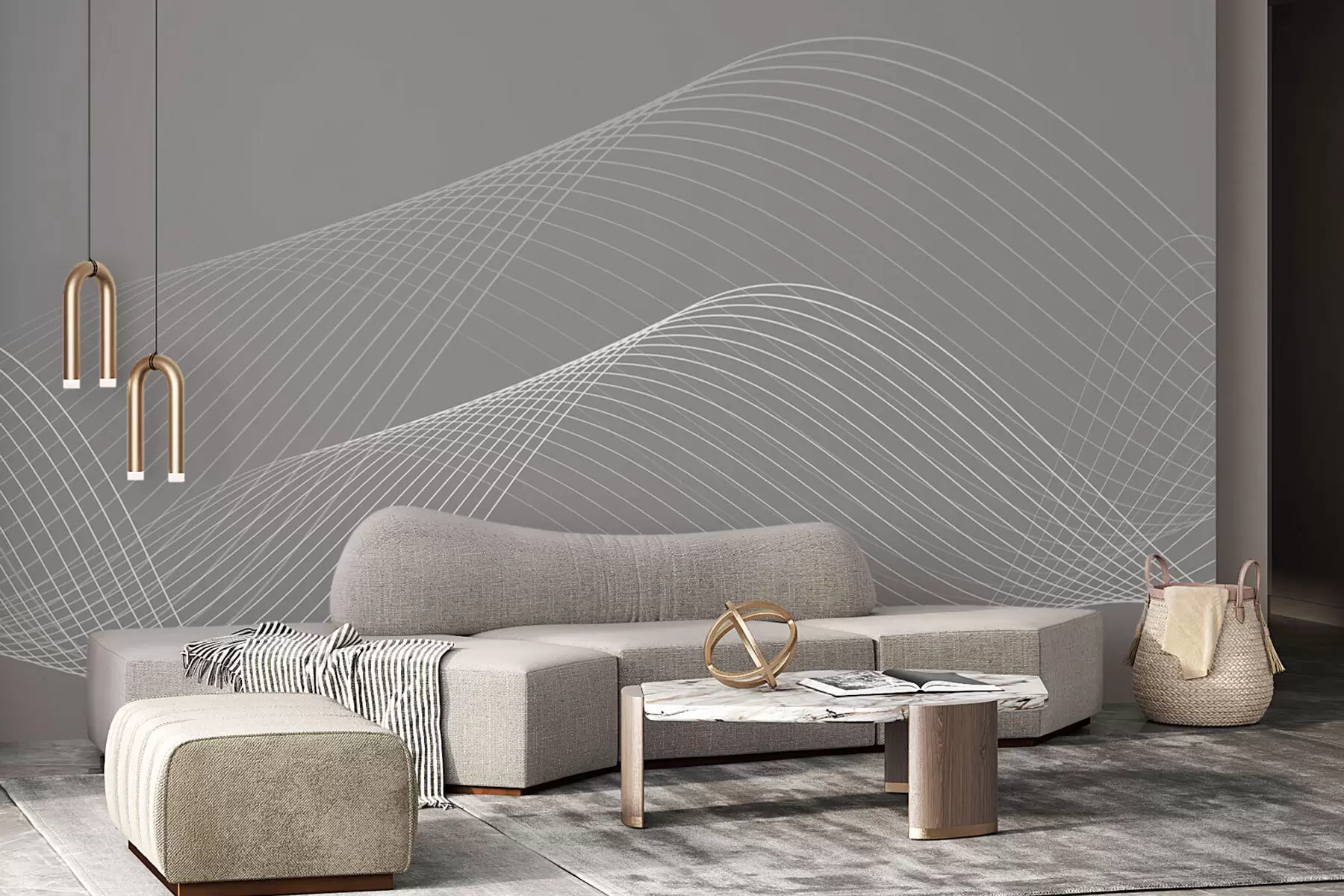 murales de pared Líneas geométricas 3D estilo de tendencia moderna sobre fondo gris w00893v2