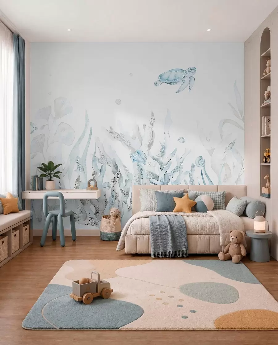 murales de pared Corales marinos acuarela, conchas marinas, tortugas, vida marina, colores azules suaves w00849