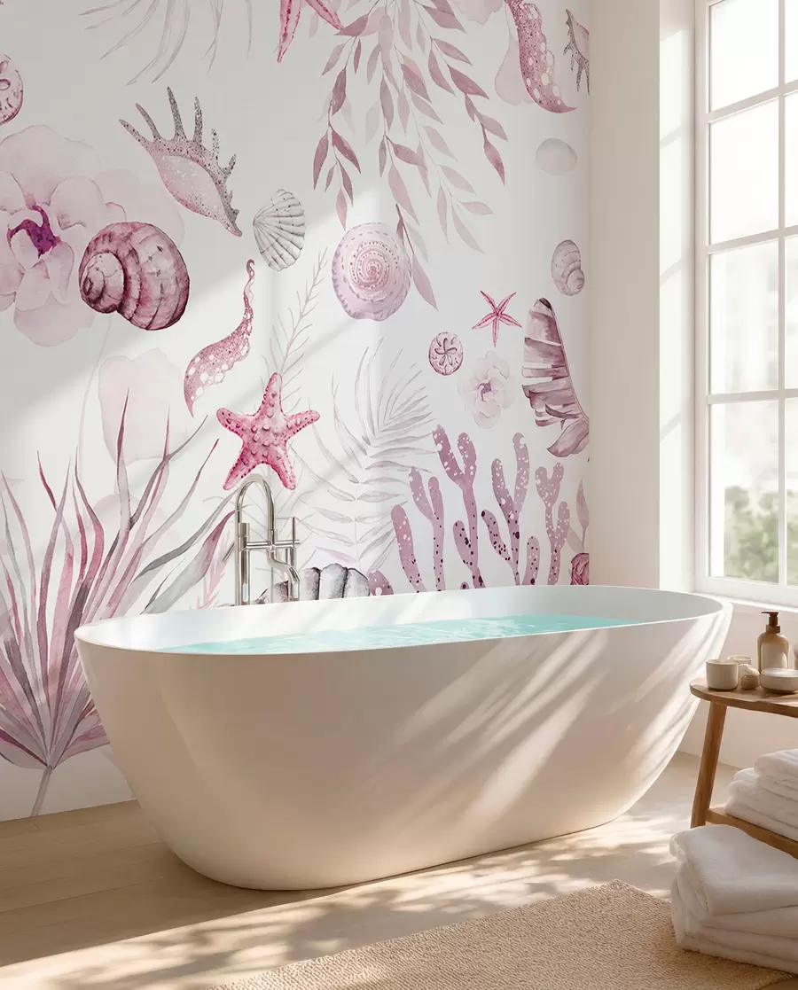 murales de pared Patrón marino acuarela, estilo boho, conchas marinas, corales, algodón, colores rosados w00851v3