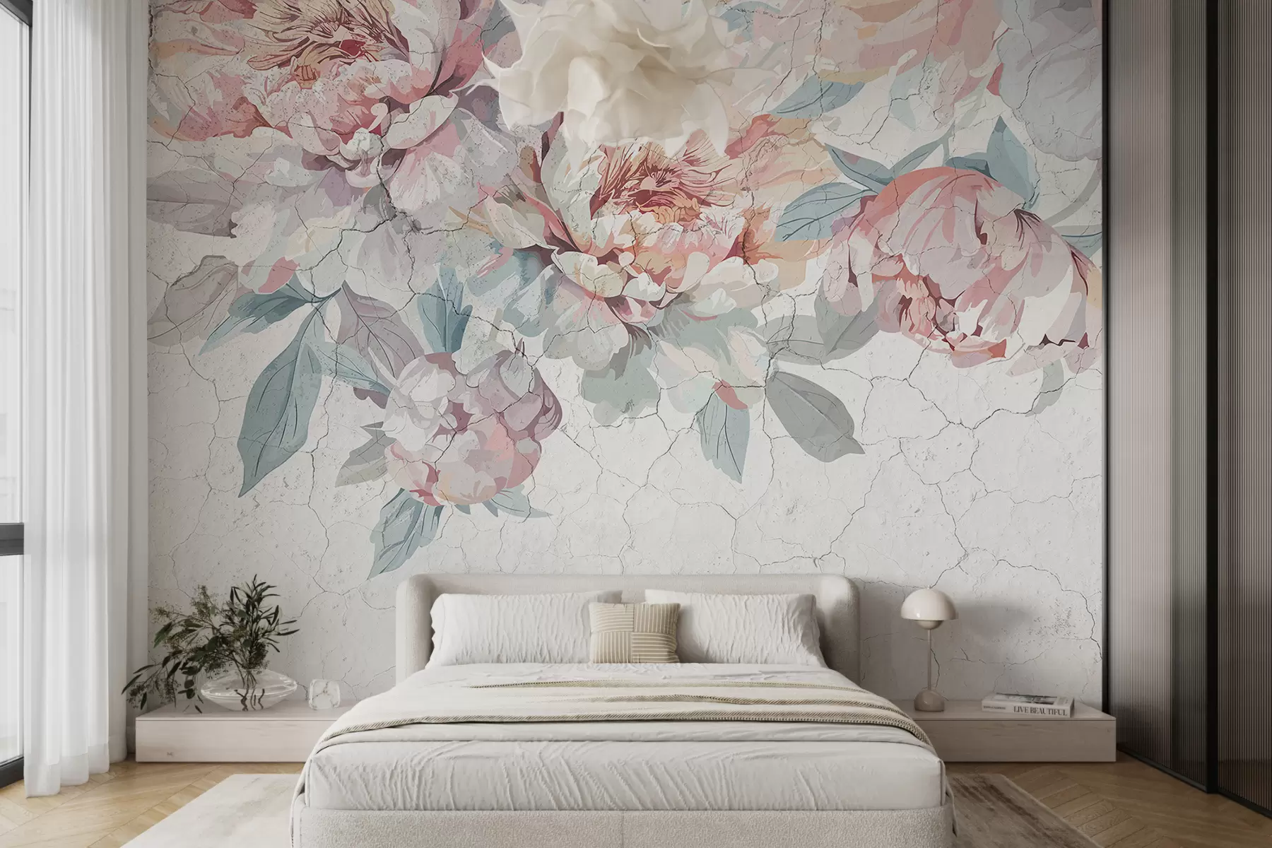 murales de pared Un ramo de flores de peonía grandes, suaves, de color rosa pastel y blanco, con hojas verdes sobre un fondo claro w00896