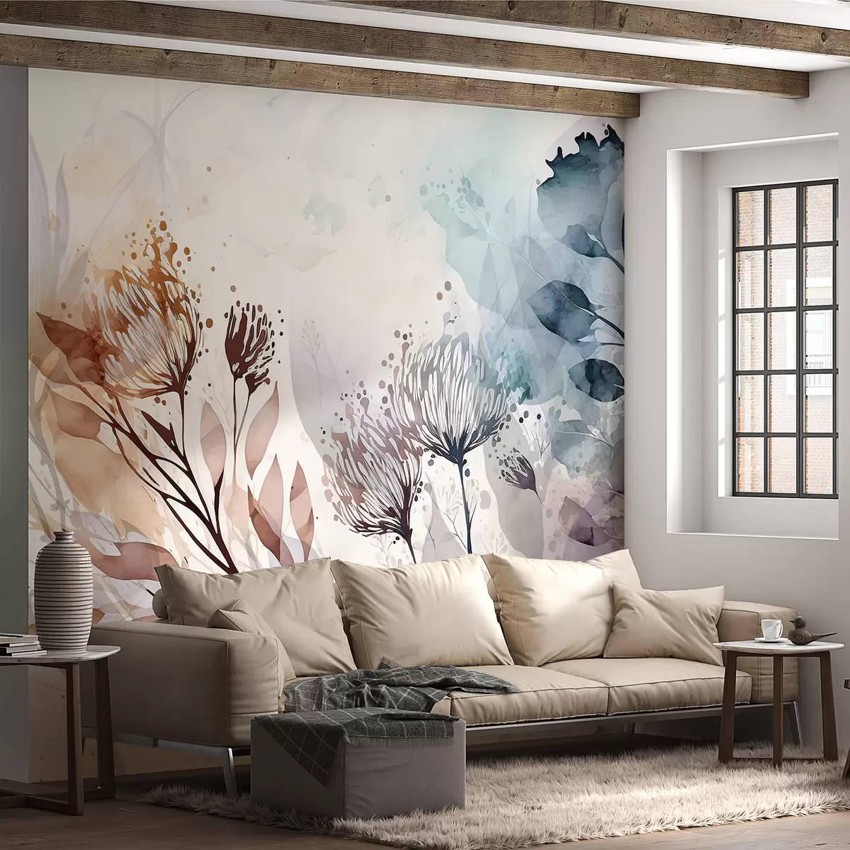 murales de pared Delicados elementos florales abstractos, flores estilizadas y formas vegetales en tonos apagados y terrosos, arte acuarela w00898