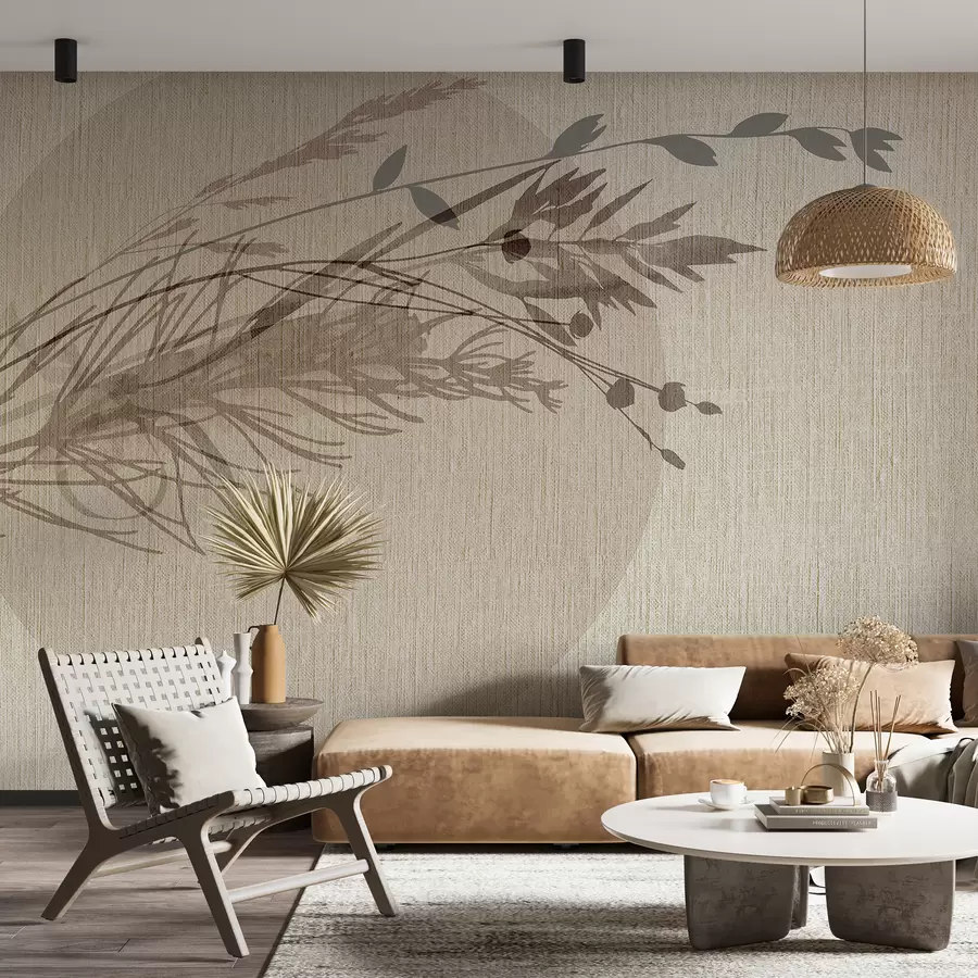 murales de pared Una ilustración minimalista de una forma circular con elementos abstractos parecidos a plantas en tonos tierra apagados w00902