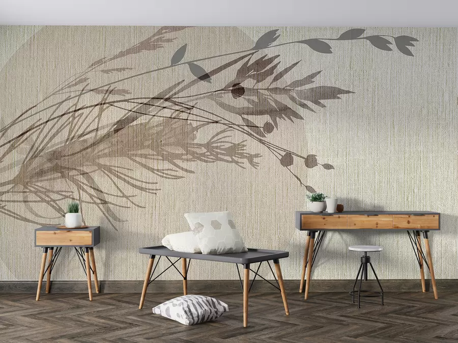 murales de pared Una ilustración minimalista de una forma circular con elementos abstractos parecidos a plantas en tonos tierra apagados w00902