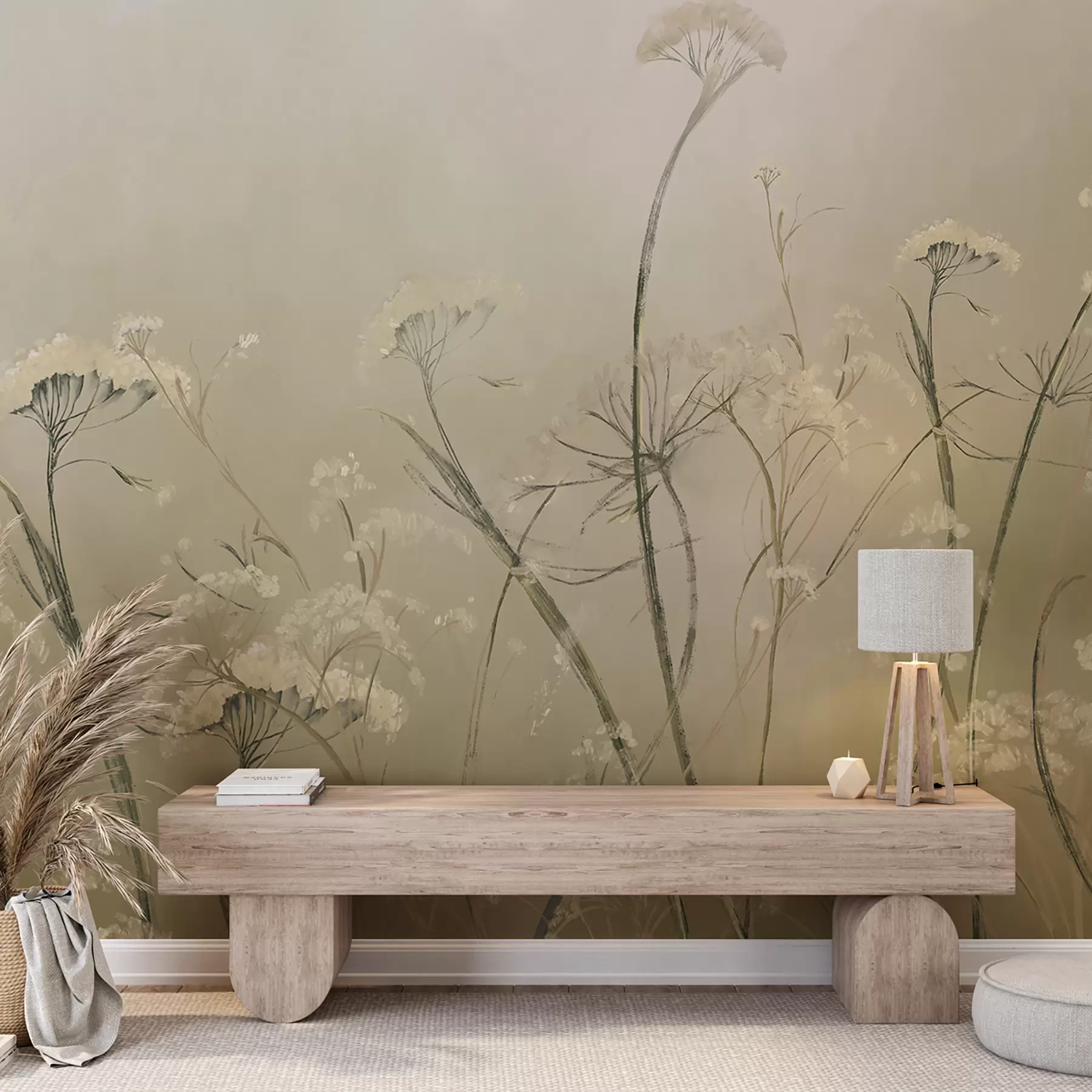 murales de pared Flores silvestres blancas en un campo brumoso con un fondo sepia suave y borroso w00903v1
