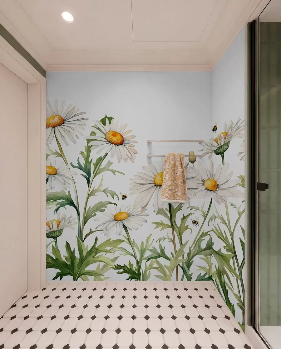 murales de pared Margaritas blancas floreciendo, abejas volando ilustración de plantas acuáticas, color verde, blanco y amarillo w01176