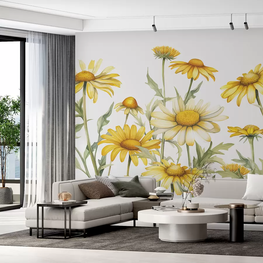 murales de pared Grandes margaritas amarillas florecen color acuarela, amarillo y verde w01177