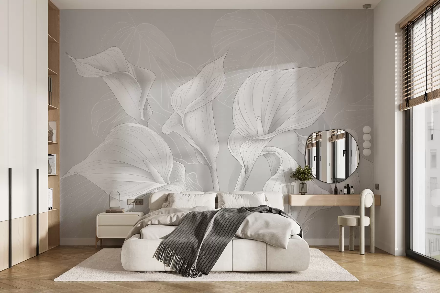 murales de pared flores de cala pintadas en tonos grises w01197v3